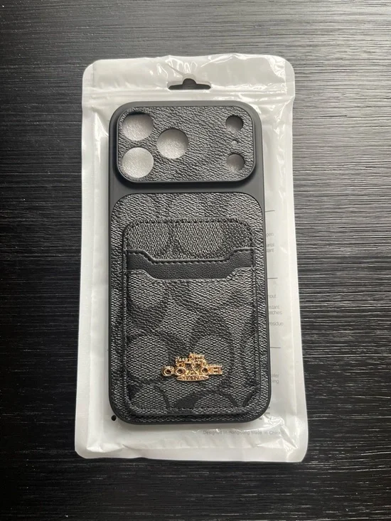 Coach Black Signature Leather Card Pocket Phone Case with Gold Logo - Picture 1 of 4